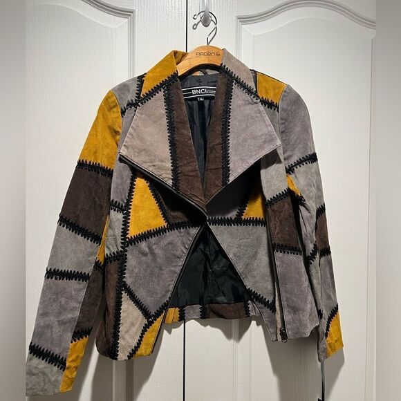 Blanc Noir patch vintage style 100% Pig Split leather jacket Coat size S - Picture 2 of 5